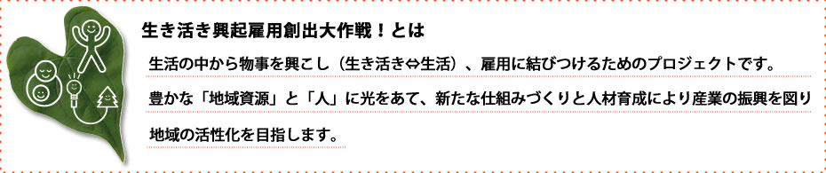 「生き活き興起雇用創出大作戦！」とは生活の中から物事を興こし（生き活き⇔生活）、雇用に結びつけるためのプロジェクトです。豊かな「地域資源」と「人」に光をあて、新たな仕組みづくりと人材育成により産業の振興を図り、地域の活性化を目指します。